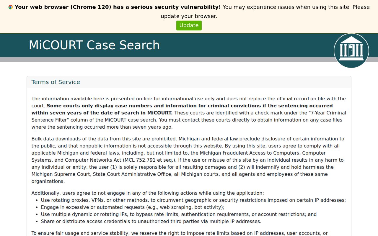 Jackson County case lookup through the MiCOURT case-search screen