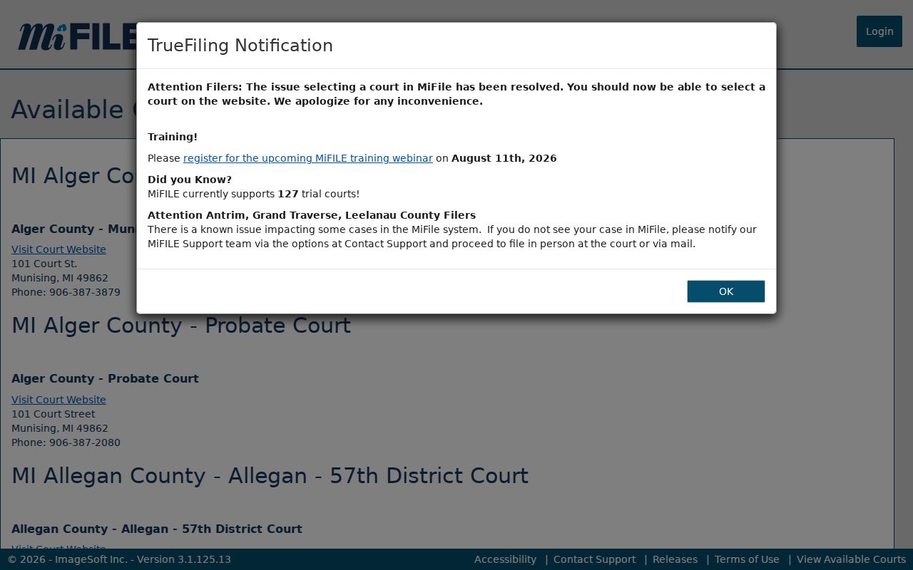Jackson County civil docket MiFILE available courts listing
