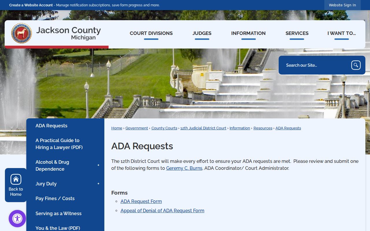 Jackson County court calendar ADA request information