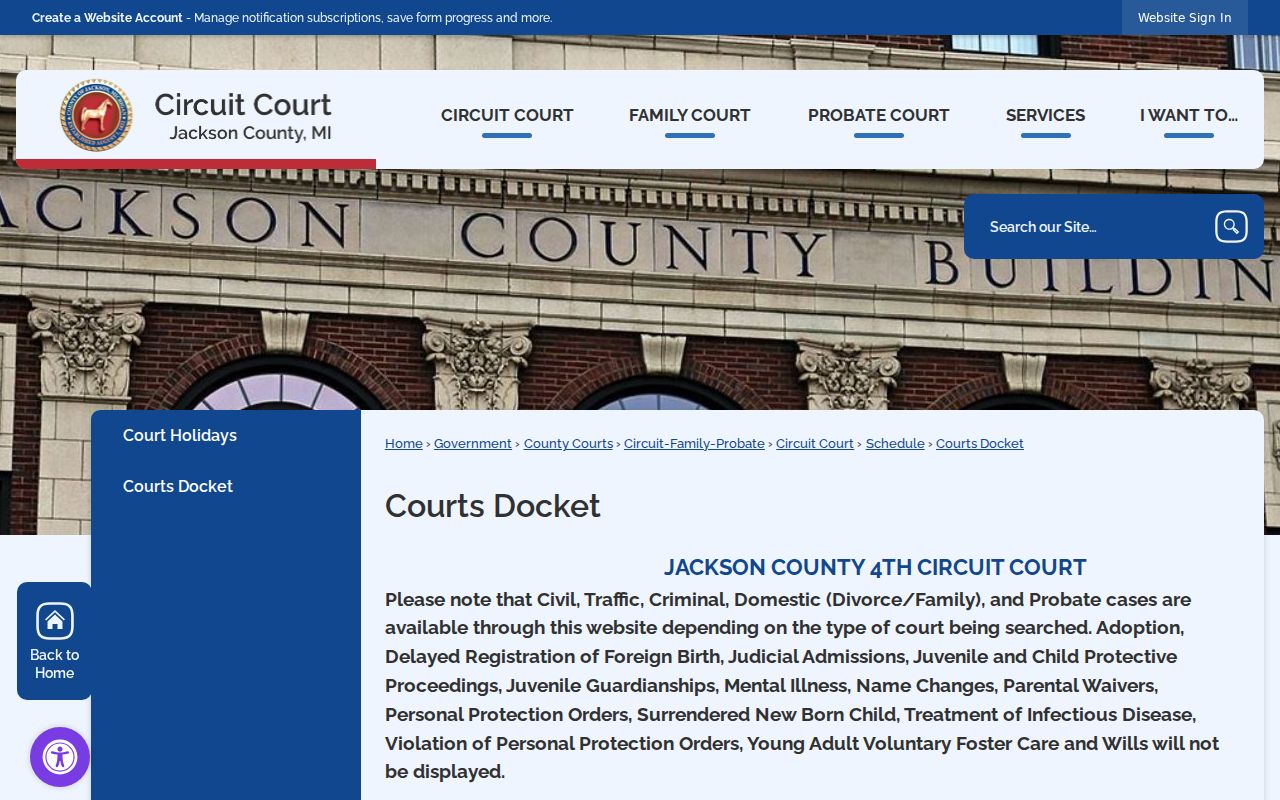 Jackson County court docket landing page for public case search