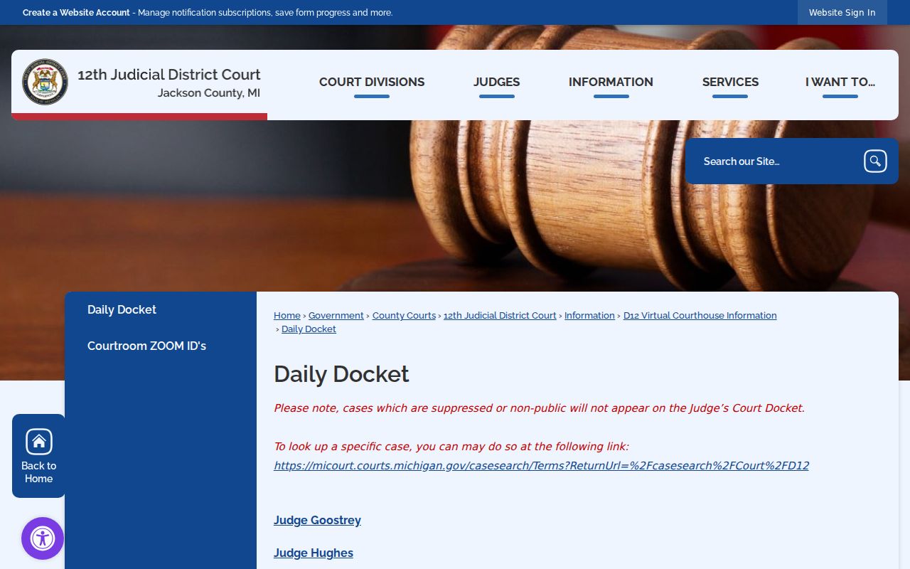 Jackson County court docket daily docket page for public calendar access