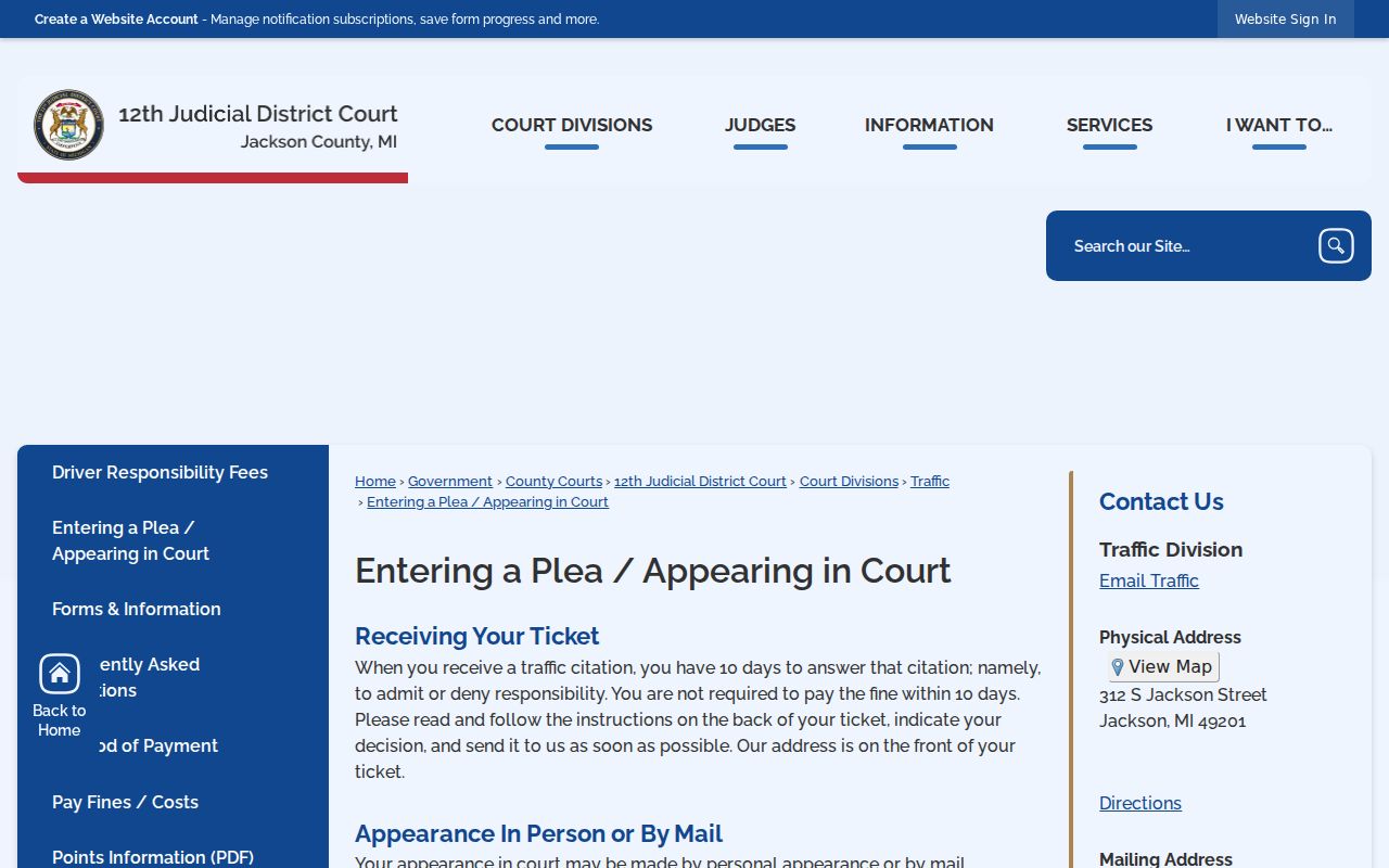 Jackson County traffic ticket plea and court-appearance instructions